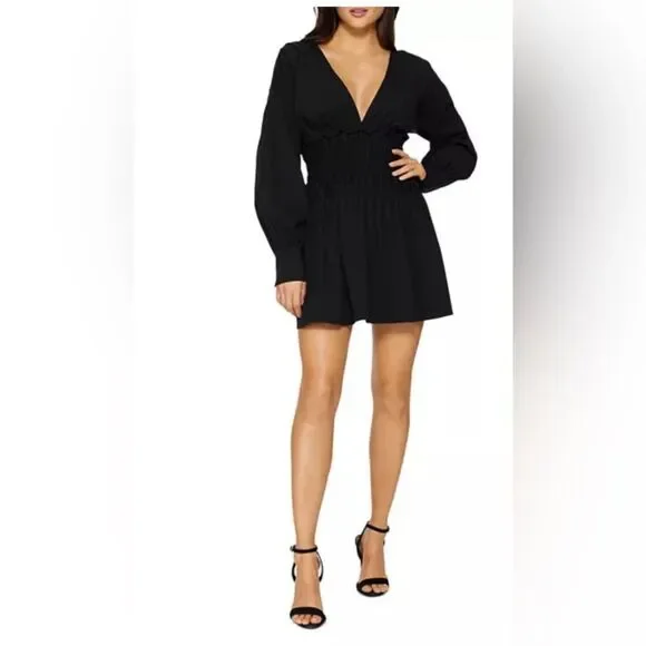 Ramy Brooke Blythe Smocked Long Sleeve V-Neck Mini Dress sz small black cotton - Picture 8 of 8
